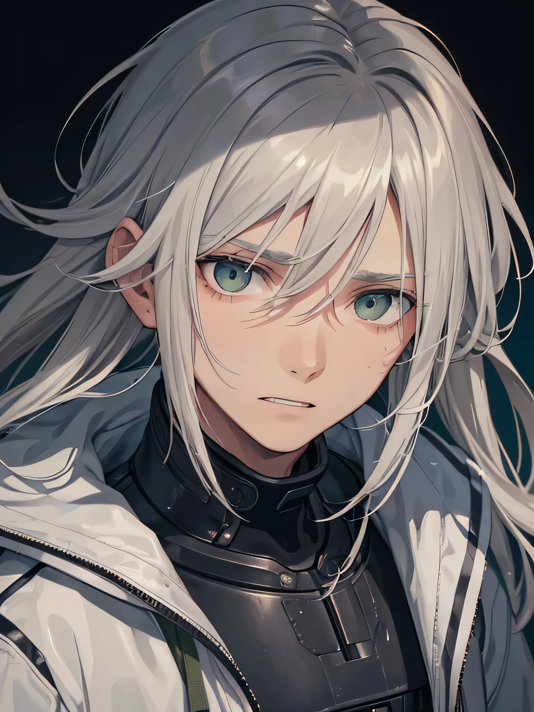 a close up person in jacket, A gray-haired dismal male character with a green-eyed has brownish skin and shark-tooth-like teeth, he depressed and expressionless with messy long hair and dead eyes in the backdrop in the middle of a battlefield turning his head straight