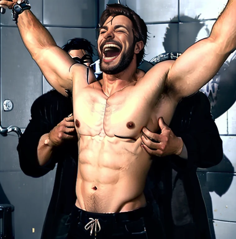 handsome shirtless muscular man with a brown beard laughing hands above head armpit grab, armpits tickled, disembodied hands all over body, asylum room background