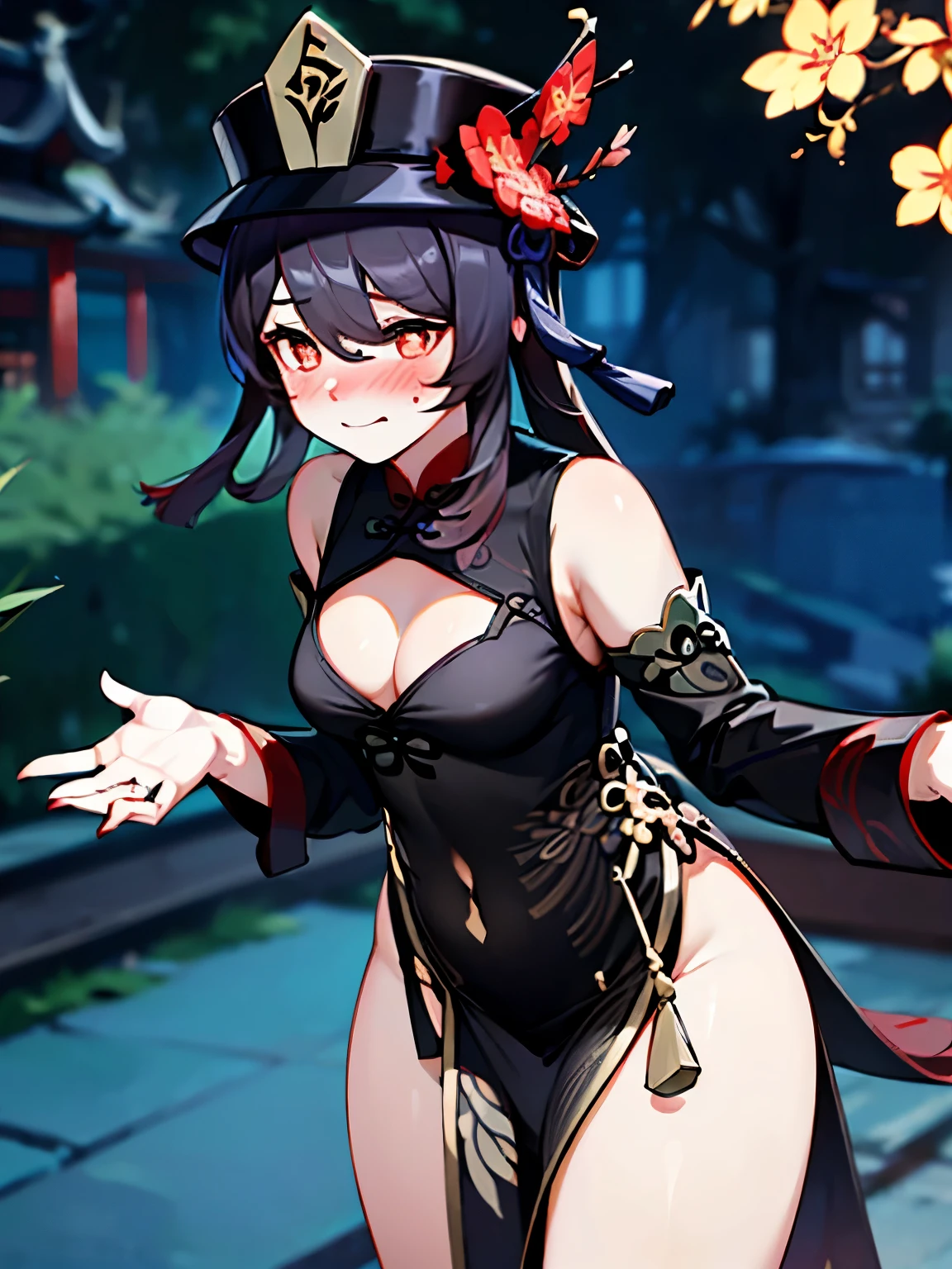 NSFW,hutao\(genshin\),(China dress:1.5),Sleeveless,Cleavage,belly button,(Perfect hands),(Perfect Anatomy),(masterpiece),(highest quality),(Embarrassed:1.5),blush,Feeling embarrassed,restaurant,Leaning forward,Lift your butt