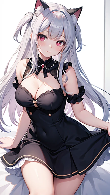 best quality high resolution one young pretty woman red eyes white hair medium perm cute soft girl Cat ear dragon girl cosplay breastfeeding service The medium breasts with amazing charm gasp incest Estrus face, (wearing dress:1.5) smile