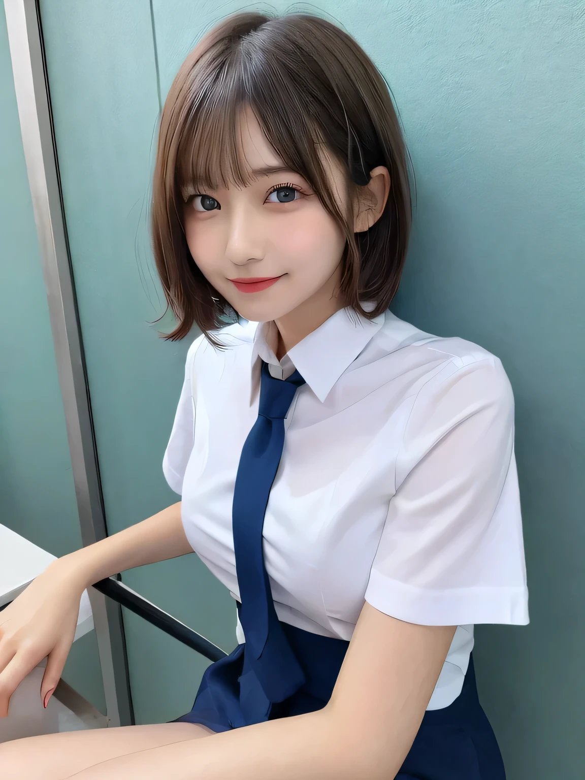 highest quality, sexy, slender, Shapely small breasts, Red tie, White shirt with front opening, Navy blue exy High resolution, 8k ,wallpaper, Perfect dynamic composition, Beautiful fine details, Short Bob Hair, Big Natural Color Lip, bold sexy pose, smile, Cold Stare, -yeld gi Cute type, Lolita, Good Eyes, whole body, Pink wall,Sitting on a chair, sexy thighs visible,