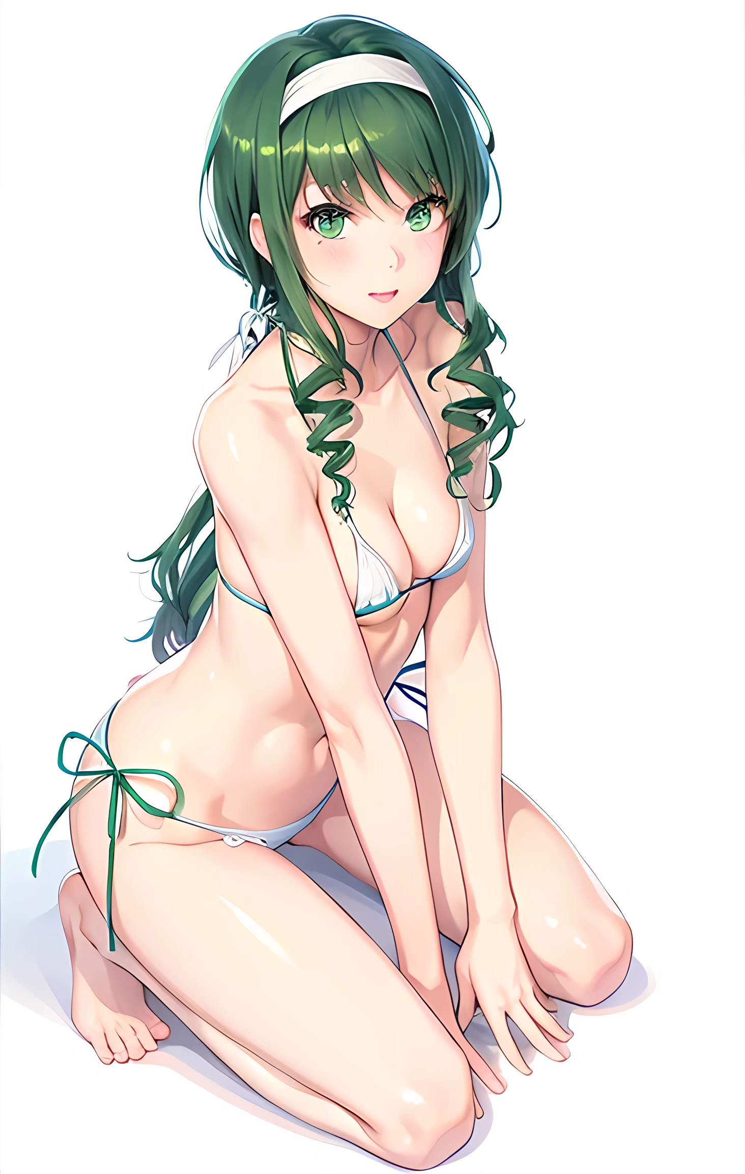 1 girl, green eyes, enchanting eyes, skinny、Medium chest、tall、long legs、firm round chest、string bread、straight long hair, wear a micro bikini, calm posture, white skin, subtle blush, Daytime poolside,outdoors , Bright colors, dreamy atmosphere , peaceful atmosphere, super detailed, official art, unity 8k wallpaper