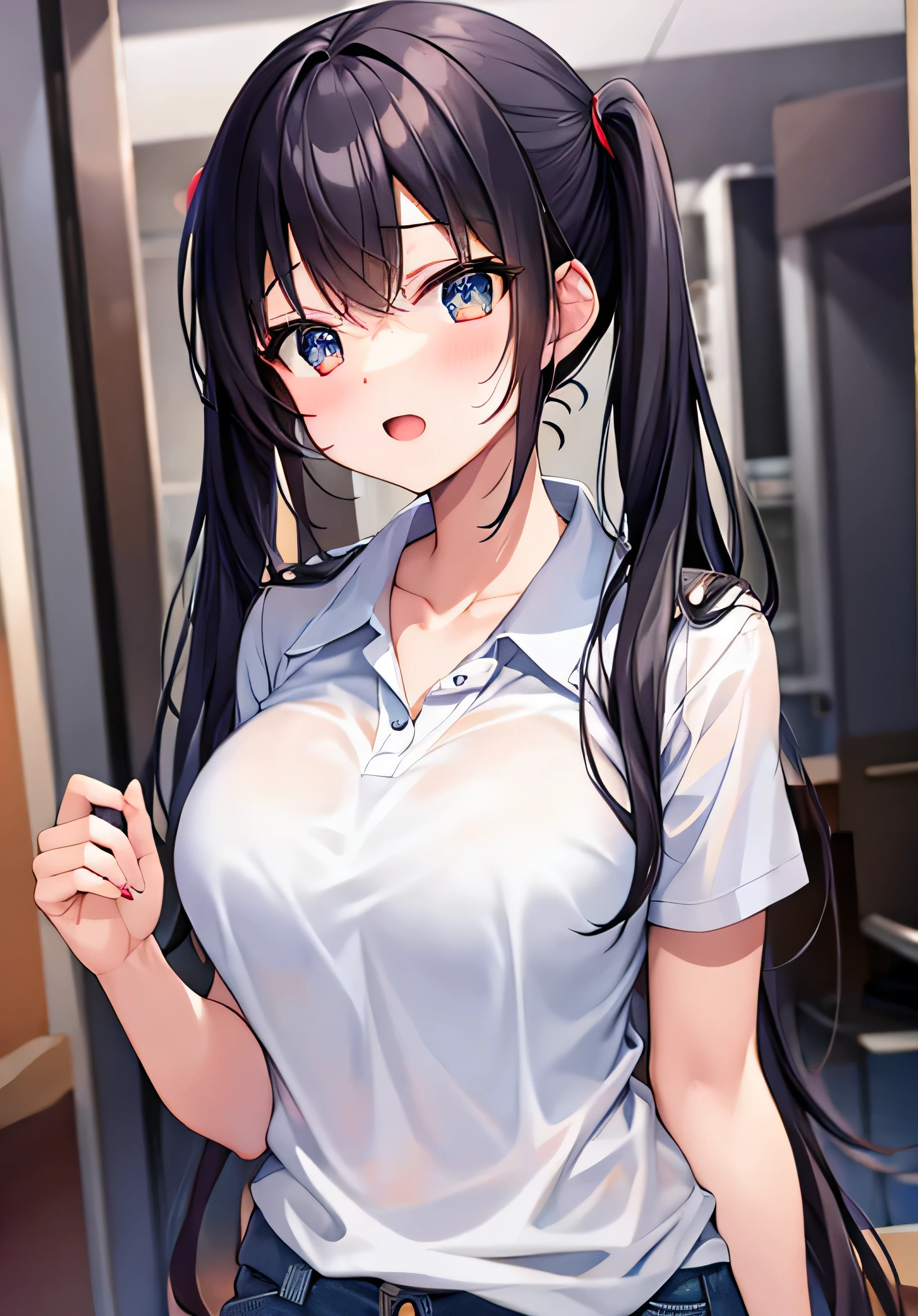 masterpiece、Highest quality、Ultra-high resolution、teenage girl with big breasts、twin tail hairstyle、black hair、Red face、shyly、open your mouth just a little、white polo shirt、denim shorts、inside the club room