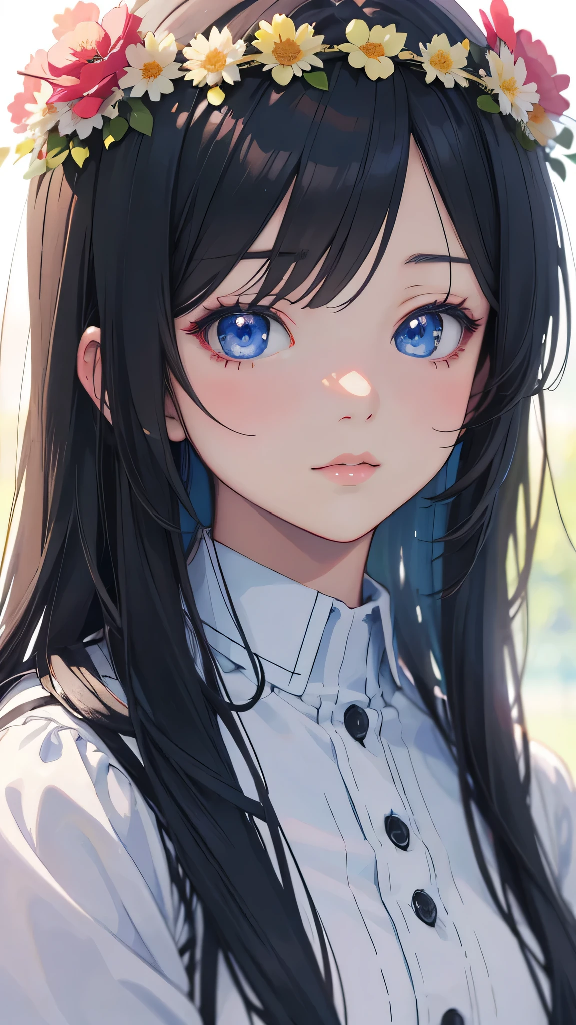 Wearing a white shirt、Has long black hair、Anime girl wearing a flower crown, Beautiful anime portrait, Stunning anime face portraits, Beautiful anime girl, Kawaii realistic portrait, Detailed portrait of anime girl, Portrait anime girl, Realistic anime 3D style, realistic Young anime girl, realistic anime artstyle, Young anime girl, Anime realistic style, realistic anime artstyle  