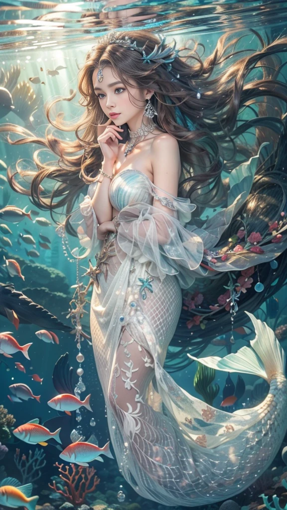 (RAW shooting, 32k:1.5, highest quality, masterpiece, Ultra-high resolution), (Deep sea at night:1.0, Dramatic moonlight:0.7, Mysterious underwater world:1.3, Expressions of sadness:1.0), Side Shot, Fractal Art:1.3, Perfect dynamic composition:1.3, Very detailedな肌と顔の質感:1.2, Dynamic flow of water waves:1.3, Beautiful shell and coral decoration, Surrounded by lots of colorful fish, Rich underwater vegetation, (The subject is being viewed from a distance:1.3, Slim mermaid figure:1.0, Shimmering Scales, Mermaid tail), elegant and sophisticated, Fair skin, Incredibly slim body:0.8, Very beautiful face, Water droplets on the skin, Very accurate, Very detailed, Gorgeous white shiny dress portrait:0.8, Big eyes that exude beauty, Beautiful big lips,, Unreal atmosphere, necklace, Earrings, bracelet
