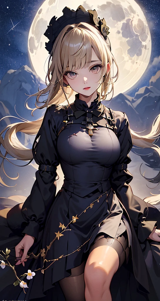 masterpiece, high quality, 4K, Beautiful design, silhouette，blonde， 非常に詳細な夜のStarry Sky,Flower Field， wonderful, Finer details,  Very knowledgeable woman, Highly detailed solo, 1 female,Big Breasts，Gothic Lolita Fashion，Night view，Starry Sky，full moon，
