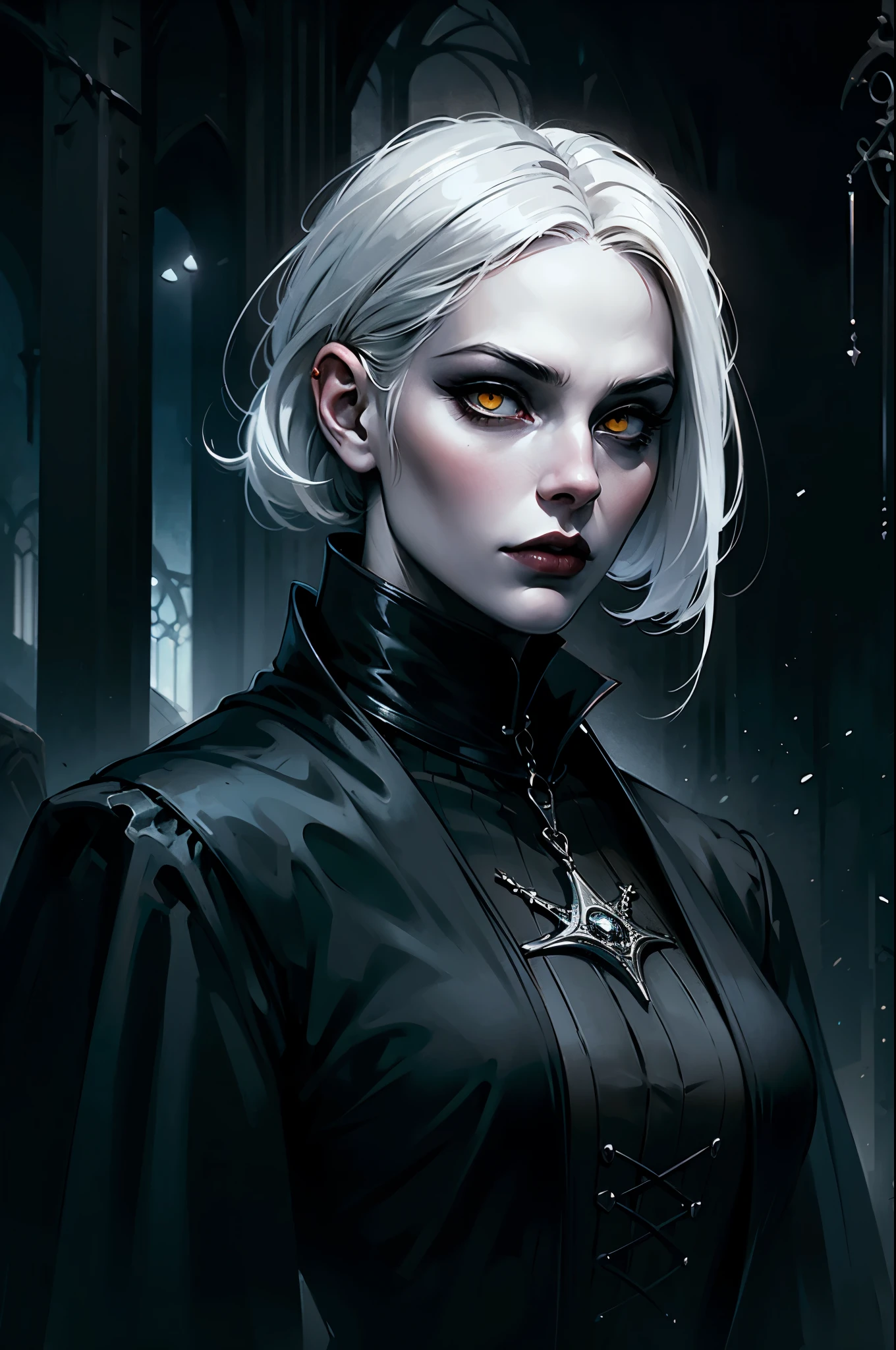 Woman with white hair and yellow eyes in black outfit, Vampire Girl, Dark, But detailed digital art, dark fantasy style art, Portrait of a vampire, androgynous vampire, Dark art style, style of charlie bowater, gothic horror vibes, tom bagshaw artstyle, gothic art style, dark fantasy portrait, neoartcore and charlie bowater
