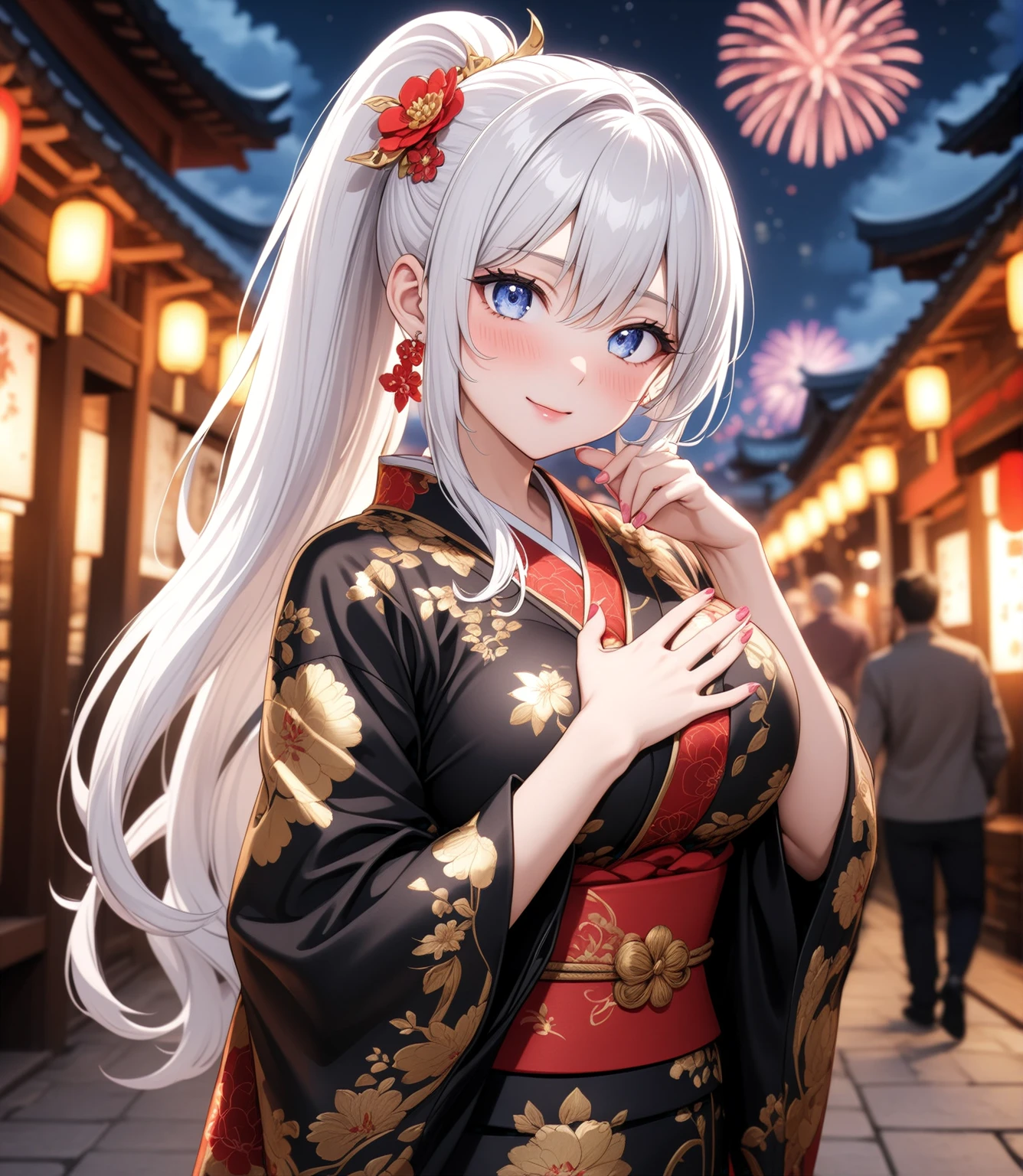 ((one personの女性)), Beautiful Face,Embarrassed and kind expression,Laugh embarrassedly,turn bright red,Glossy pink lips,night,Shrine festival sexpensives,firework, ((Anime style background)),masterpiece, highest quality, so beautiful, Latest, Complex details, (Pink long nails),AI-generated, Complex,High resolution, highest quality, super high quality,3D Images、View your viewers、3D Images,one person,Long white hair,High Ponytail,blue eyes,Anime woman posing for a photo, [[Fine grain、Colorful eyes、Shining Eyes:1.15]],(Squint your eyes:1.1),a hyperRealistic , hyperRealistic , Realistic,Long haired white hair anime woman, Smooth anime CG art, A woman in a colorful kimono with gold embroidery, (Black kimono),Red floral pattern,Long flower hair ornament,Big earrings,(Big Breasts:1.2),Mature Body,expensive,Big Ass,Fine details,Tight waist,Abdominal muscles,Shooting at an angle,Show off your buttocks,Rubbing the breast with your hands