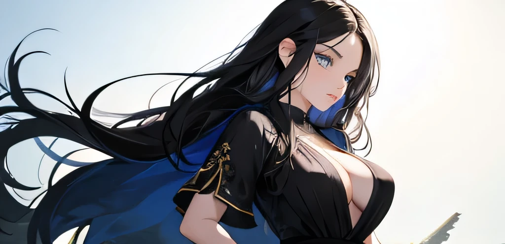 1 girl, high resolution, long black hair, blue eyes, wearing cute and modest black dress, not confident, weak, scared, detailed face, blushing, ultrasharp, 8K, masterpiece, big breasts, cleavage shown , pale white skin, no bangs or fringes, forehead seen, massive breasts, nipples seen