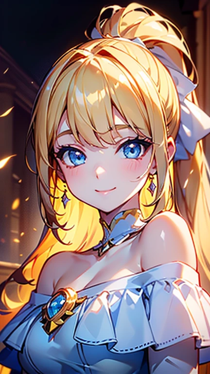 High quality, Best quality , masterpiece, Portrait、、Bright expression、ponytail、Young, shiny, white, glossy skin、Gloss Face、Shining Cheek Gloss、Small Face Beauty、The best beauty、The dazzling light of blonde hair、Bright blonde hair with dazzling highlights、Very beautiful shiny light blonde hair、super long silky straight hair、Her shiny, beautiful bangs are covering her eyes.、Sparkling, clear, attractive, bright, large, pale blue eyes、Very big eyes、eyeliner、very beautiful lovely cute 16 year old girl、young girl, Ample Bust, upper body , (smile:1.2) , (((gorgeous dress :1.2, off shoulder, ponytail )))),in castle ,huge breast , smile