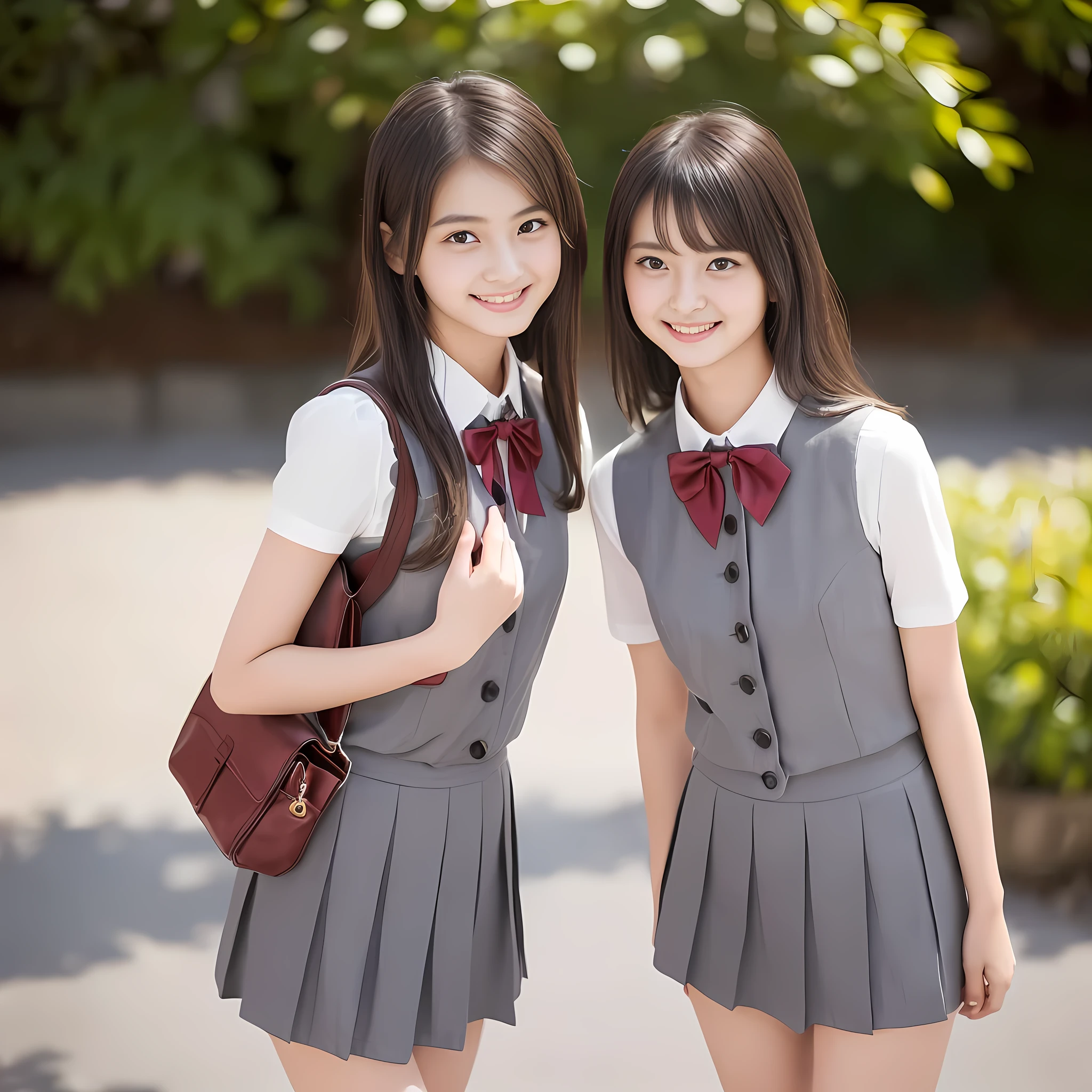 (highest quality, masterpiece:1.2), highest quality, Realistic, photograph, High resolution, 1080p, 8K, Physical Rendering, ((Height: 165cm)), ((((((( sweet girly Japanese fashion models are standing like a fashion model and shyly smiling directly at the viewer))))))), (((big very detailed Japanese beautiful dark brown eyes))), ((loving and laughing at me!)), detailed fingers, ((curled blunt bangs)), ((((Very noble and cute eyes)))), ((double eyelids)), (((long eyelashes))), ((cute lovely lovely laughing laughing cheeks)), (((very expressive noble smile, very sweet, very lovely face, very shy))), ((((deep red ribbon bow tie)))), ((((black very beautiful and short straight bobbed hair)))), ((((gray box-pleated school long skirt and grey vest)))), noble box-pleated skirt covers knees, ((((A ivory summer blouse with puffed short sleeves)))), ((women's clothes department)), ((complexion lightening)), ((Full body shot)), Japanese girls legs, (((white socks and loafers))), ((Leather student bag))