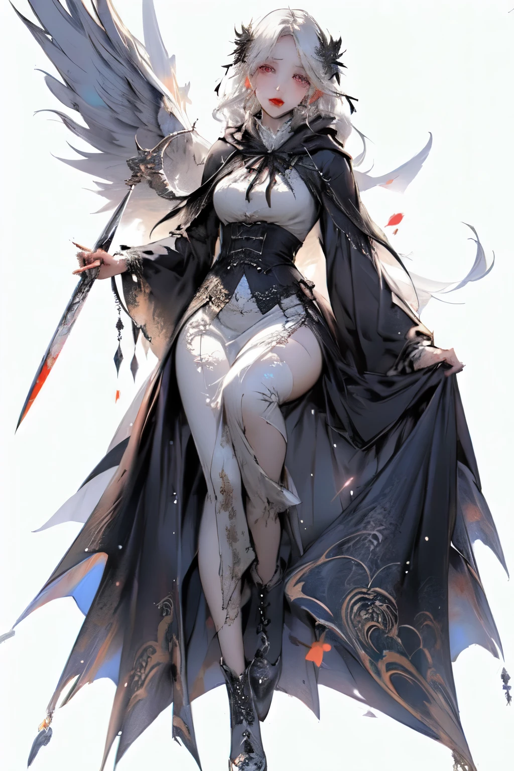 ((best quality)), ((masterpiece)), (detailed), perfect face, ((best quality)), ((masterpiece)), (detailed), perfect face(Golden ratio:1.2),(Fault color:1.3),[(White background:1.4)::10], (full bodyesbian:1.2),(Ultra-detailed:1.3), （white color background）white background, plain background (colorful ink paper flower grow on the face:1.2), teens girl，White hair，Red glowing eyes, photorealestic,（（（Red and white trench coat））），（Red scarf)，a black pleated skirt，black t-shirts，longer sleeves，（（With a hood）），((Multiple pairs of angel wings))，side-lighting, NSFW, Depicting female characters from ethereal anime in a high-quality anime art style，，，8K，Red and white shoes with a sense of technology，(chaotic geometric images:1.3),(nagative space:0.8),(Drawing board:1.3), (ether colorful ink flowing:1.3), a knight, white background, plain background, Bloodborne inspired, tatty Bloodborne attire, occult aesthetic, occult, tatty red and white clothing detailed and intricate steampunk and detailed gothic lolita (with a hood), long coat, Complex laced boots, Fluttering lace flared long knee length dress with frilly petticoats, long dress, knee length dress, pleated petticoats, lolita dress, petticoats gothic lolita, beautiful small breasts, (((( Highly detailed face))), small thin nose, Small thin lips mouth, (((Very sharp focused eyes))), Very large slit precision pale grey eyes that shine like jewels. very long eyelashes, Silver hair swaying in the wind, Emitting a dazzling light in a mandala pattern, white background, Very dramatic and cinematic lighting, tatty damaged old red and white clothing, full body, whole body, body, cosmic horror, grim dark