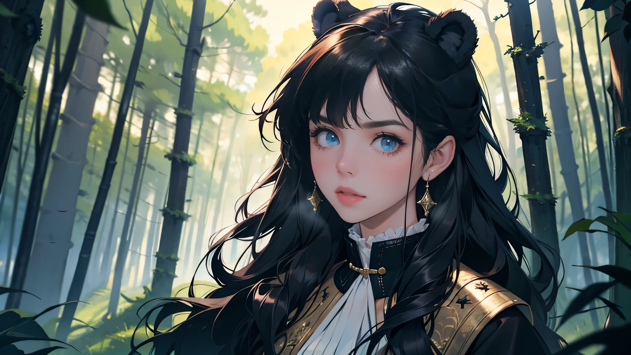masterpiece, ultra detailed, 8K Portrait, Raw photo, a portrait photo of girl, Highly detailed face, beautiful and meticulous eyes, ((Fantasy)), little bear, Midday Sun, Hyper realistic, in a medieval forest, Ambient lighting, Shadow details , strong breeze, Light fog