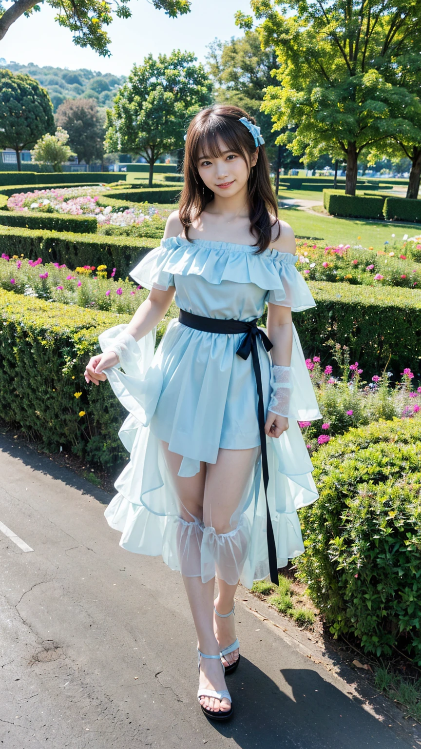 (8k、RAW Photos、highest quality、masterpiece:1.2)、(Realistic、Realistic)、1 girl、((emi-long hair、Light blue and black、Frills、Off the shoulder、See-through、Sandals、Arm Covers、ribbon、smile、garden、View from the front、smile、Standing with hands on hips))、
