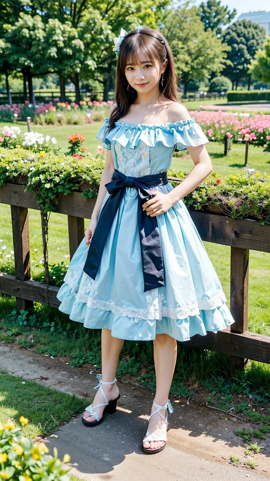 (8k、RAW Photos、highest quality、masterpiece:1.2)、(Realistic、Realistic)、1 girl、((emi-long hair、Light blue and black、Frills、Off the shoulder、See-through、Sandals、Arm Covers、ribbon、smile、garden、View from the front、smile、Standing with hands on hips))、