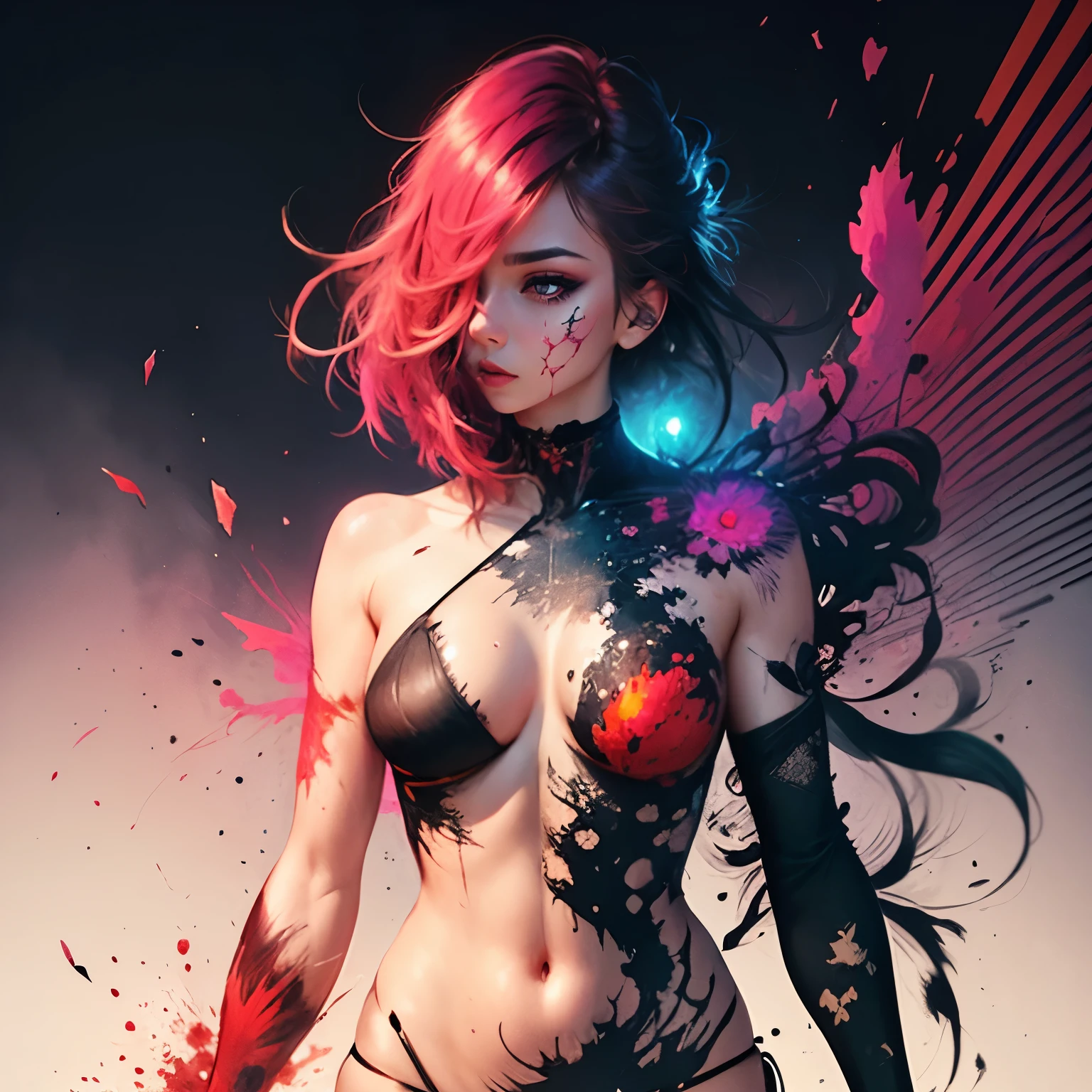 girl, beautiful face, high detailed real eye, high quality pupil, double eyelid, face paint, ink drop, pink ink drop art, high detailed real skin, high quality skin, sweaty skin, professional lighting, real shadow, masterpiece,