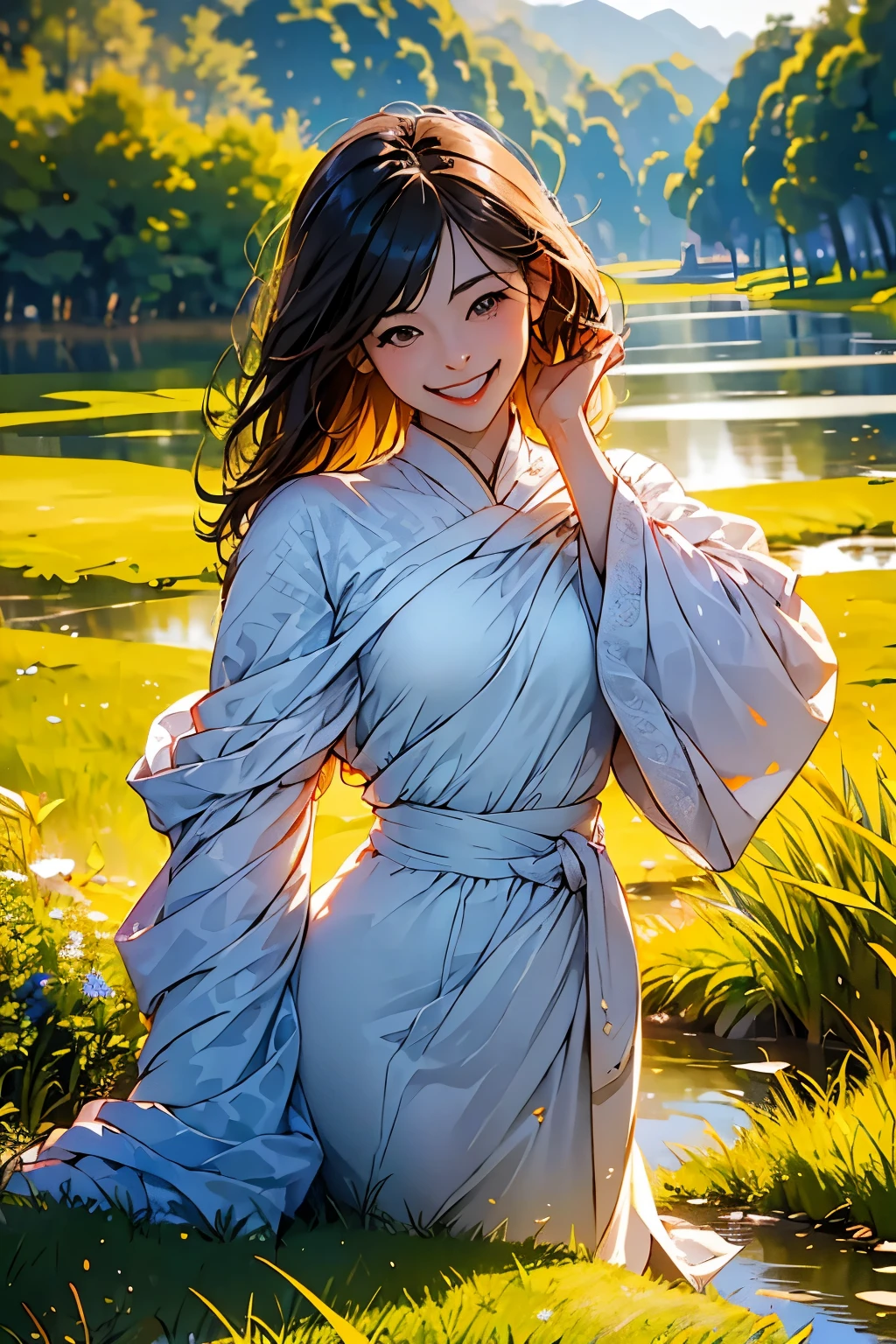 (in 8K、top-quality、masterpiece:1.2)、One woman、(Smiling smile:1.1)、beautidful eyes、Valley、The upper part of the body、length hair、Like a boy、Longhaire、Gold View、