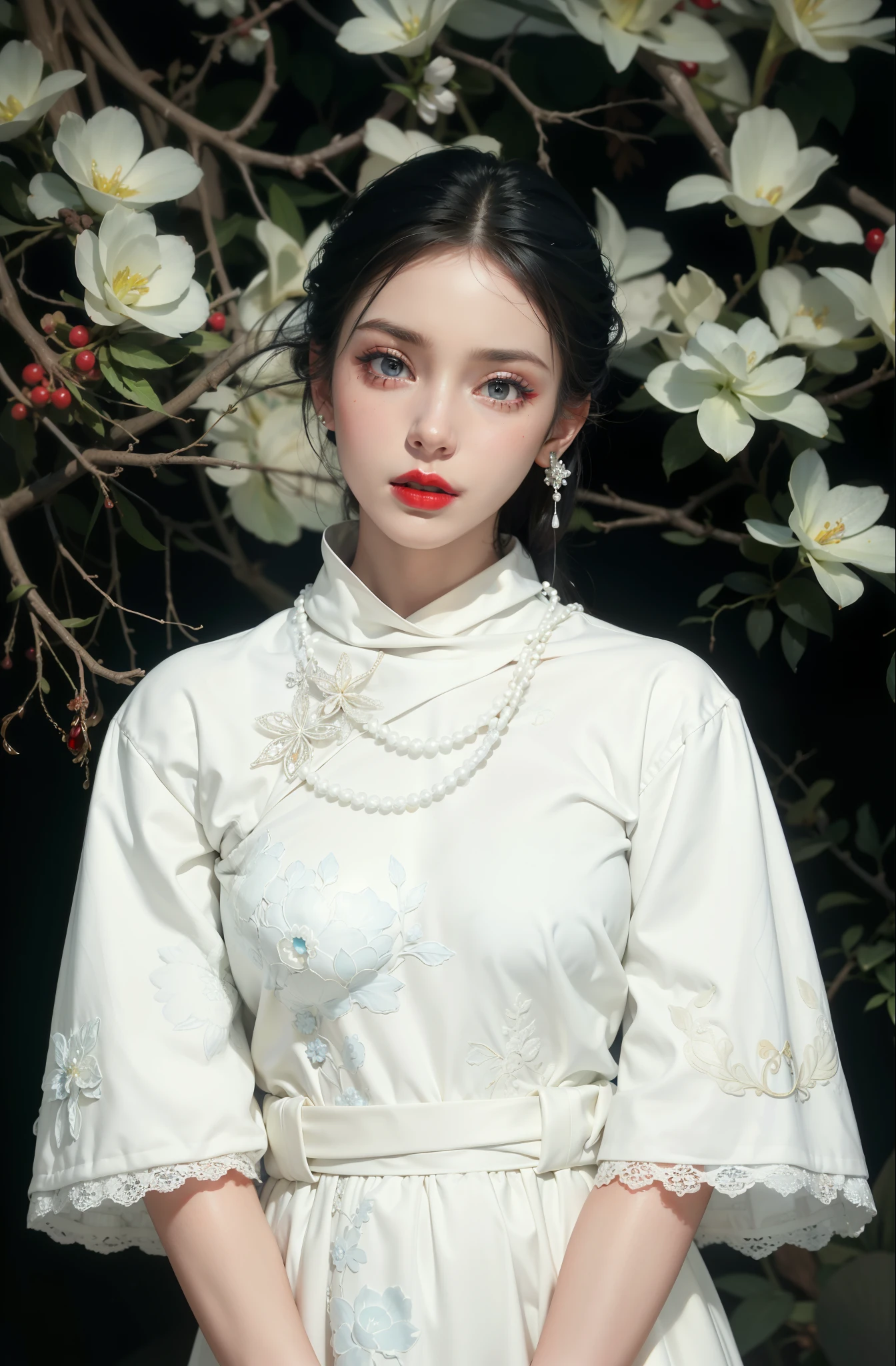 Royal princess，Super detailed, Delicate face, Stock Photography , Portrait 400, F1 Camera Lens.6, Colorful, Surrealism, Realistic textures, Dramatic Lighting, Thin Film Distiller 800 (8K, original photo, Better quality, masterpiece: 1.2), Super detailed, (Extremely delicate skin: 1.2), 8K Ultra HD, SLR camera, Soft Light, high quality.Fire Queen，Blue pupils，Apply red lipstick，Have a tattoo，The tattoo is very three-dimensional，Gorgeous and intricate tattoo designs，8K Mugshot，Large Breasts，Dark eyeshadow，Sexy thick lips(Red lipstick)，Ice Princess，The facial features are very three-dimensional，Wear lace prints，