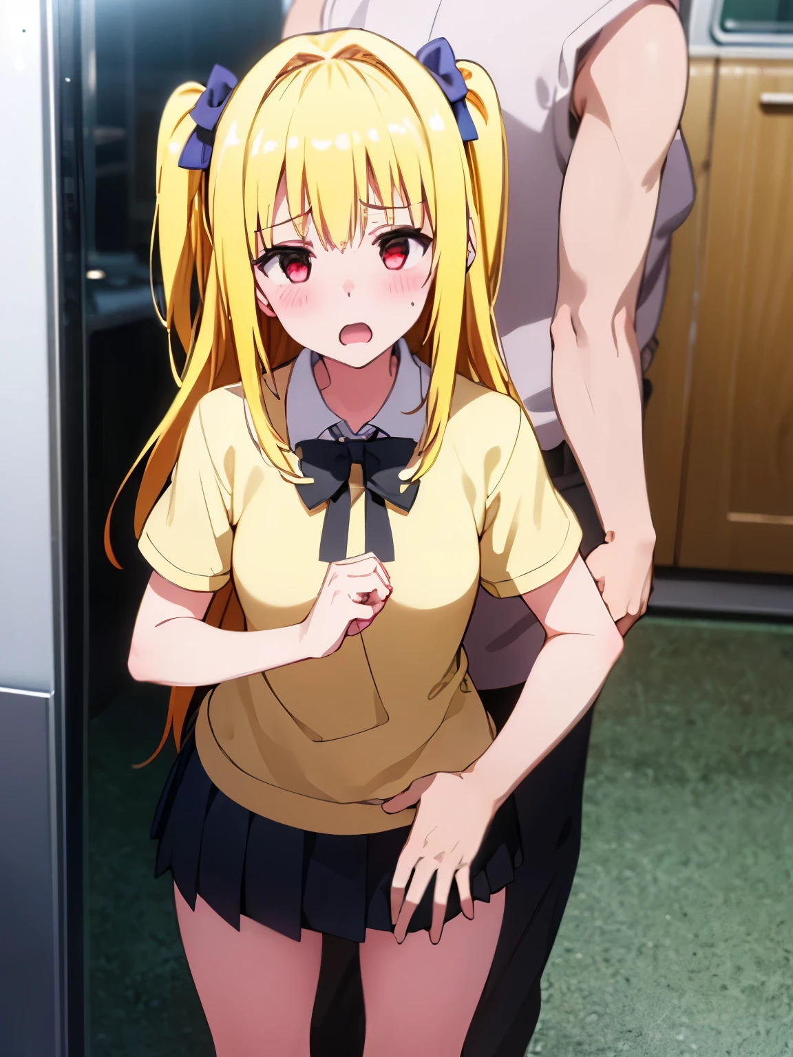 NSFW,1 girl,darkness、(Yellow Hair:1.5)、Long Hair、(Red Eye:1.5)、(hair ornaments:1.2)、Two Side Up、No sleeve、uniform、shirt、白いshirt、ribbon、(緑のribbon:1.5)、skirt、(緑のskirt:1.2)、プリーツskirt、ショートskirt、sweater、(薄茶色のsweaterベスト:1.5)、Short sleeve、(Perfect hands),(Perfect Anatomy),(masterpiece),(highest quality),Embarrassed,blush,Inside the train,(Molester:2.0),1 middle-aged male,Man standing behind