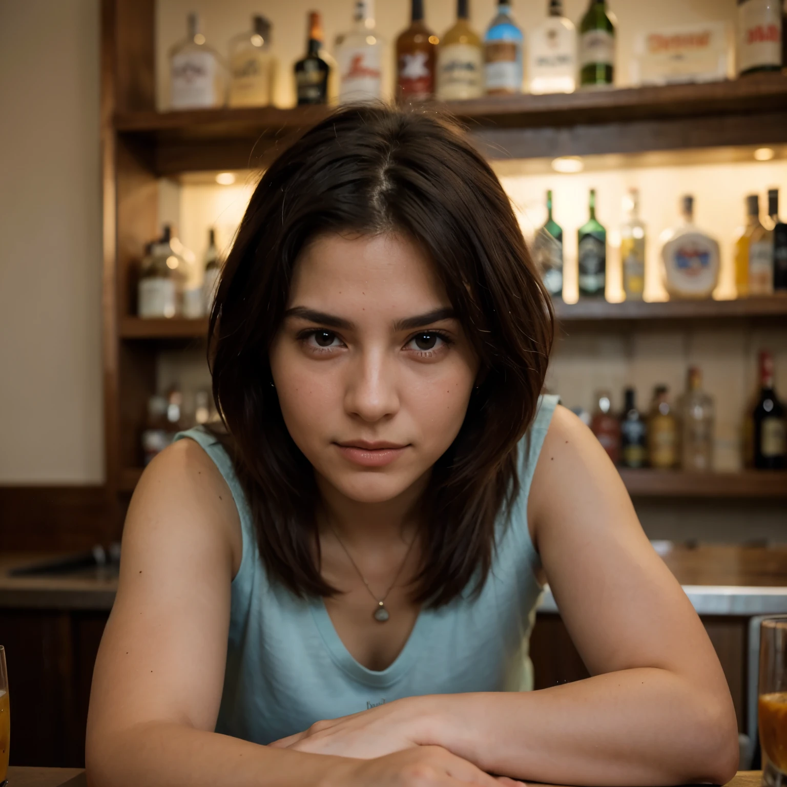 ((mejor calidad)), ((obra maestra)), cara perfecta, Americano , pelo rubio, 26 years old, Modelo, Lindo, apariencia atractiva y sorprendente, Extremadamente bello, en un bar, disfrutando de la musica