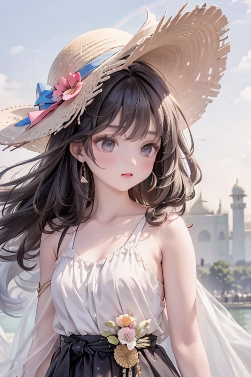 masterpiece, highest quality, 16k、High resolution, Cowboy Shot、Detailed face、One 14-year-old girl、black eye、Black Hair、Braiding、White Dress、Straw hat、India、In front of the Taj Mahal