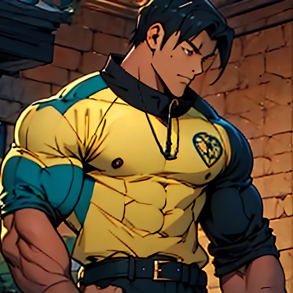 Generate anime-style art with a high-angle shot of a muscular male character with his body facing the camera, THE CHARACTER IS STANDING ON TOP OF A TALL BUILDING, The protagonist must have an extremely muscular body, very tall, similar to that of a bodybuilder. The character must have very short hair with dark brown bangs and must be wearing a red long sleeve T-shirt with black pants and a belt and must be wearing a white sneaker. The image should depict the character's entire body, focusing on his intimidating posture. The protagonist must exude strength and dominance, displaying a powerful presence. The scene should feature only the muscular character, THE CHARACTER SHOULD BE ON TOP OF A BUILDING SHOWING A LARGE CITY BELOW HIM