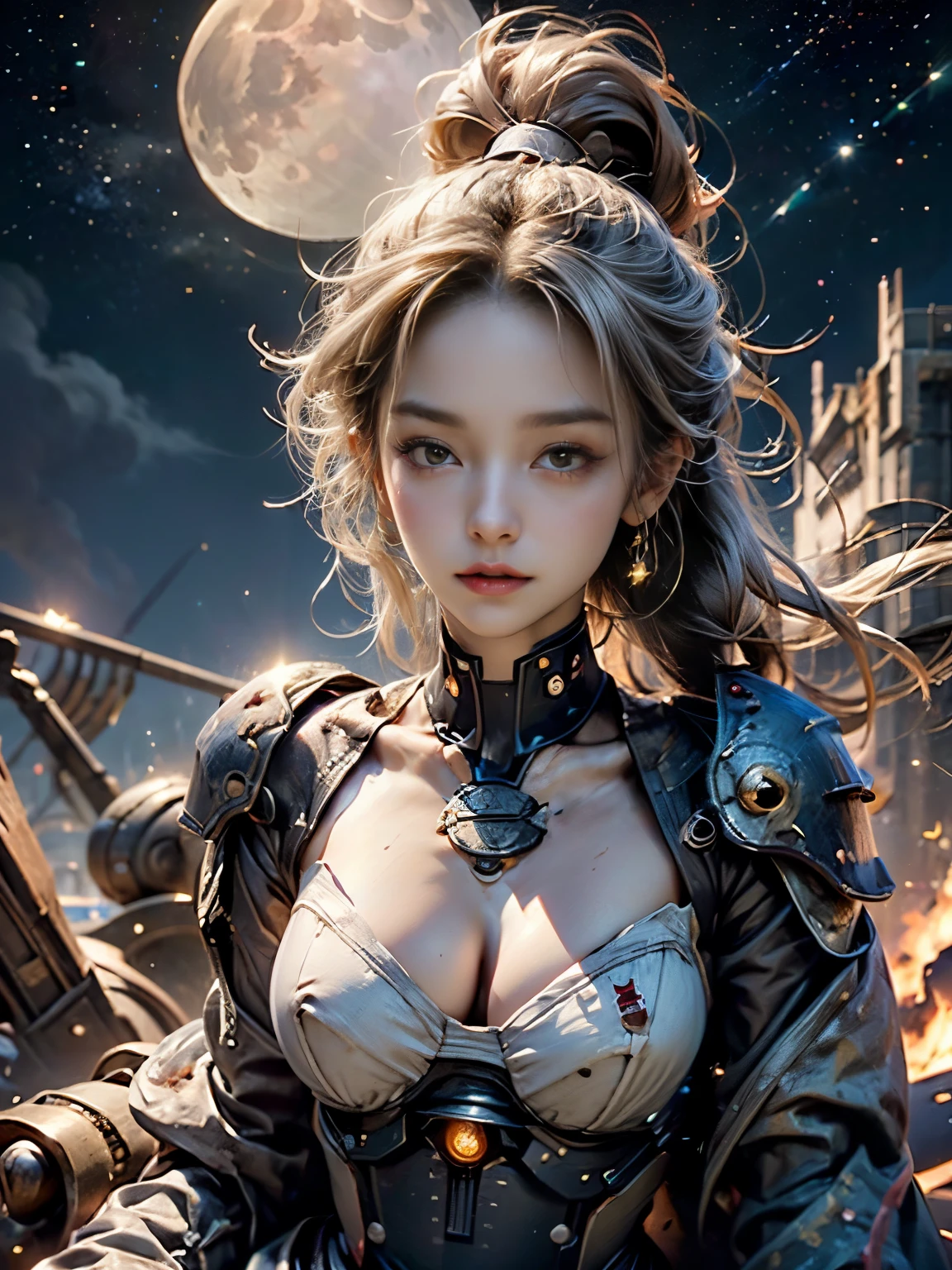 Zerg Queen Beautiful Girl: Ranlinger, 18 years old with slim body, (android:1.6), white silver Messy Hair, beautiful Perfect Face, Soft Skin, Perfect Face, Yasutomo Oka's painting style, Big firm Breasts, Sexy, Sharp Eyes, Break, dynamic sexy poses, sweat, mechanical body armor, cleavage is exposed, Add light purple and purple, Add Light Red, Intricate details, Splash screen, 8K resolution, masterpiece,(military medals:1.4), (Ruthless, dignified, mad, brutal:1.3), (universe, stars, moon, starships, beams:1.5), Sharp Eyes, Break