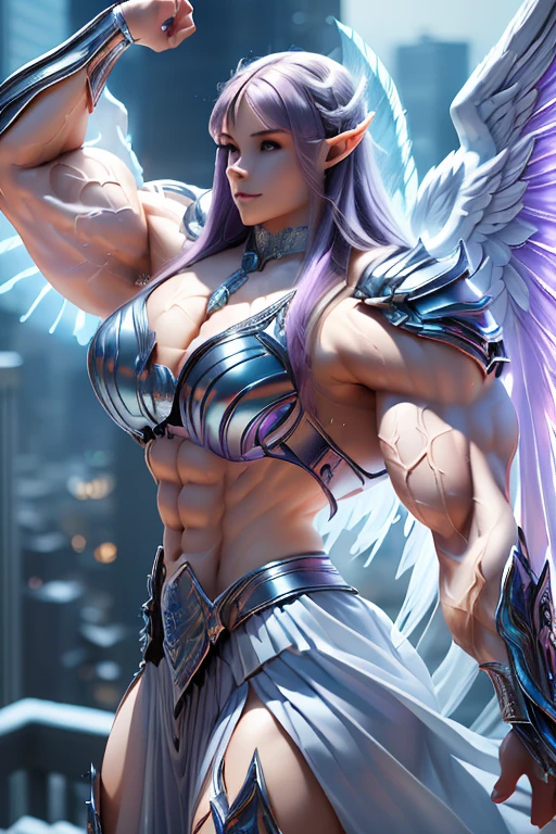 ((((Massive tall, beautiful, buff, pale white skinned muscular angel woman with violet purple hair, huge angel wings, ginormous bulky muscles, flexes a bicep and wearing a beautiful white angel futuristic armor with pleated skirt)))), (close view), massive muscles, massive biceps, hyper muscle shoulders, massive muscle arms, vascular shoulders, hyper muscle triceps, huge angel wings, (long hair with long bangs), pleated skirt, black eyes, choker, angel gauntlets, on top of a magical skyscraper in a mystical world, smile, hyper vascular arm, hyper muscles arms, hyper muscle legs, (massive arms).