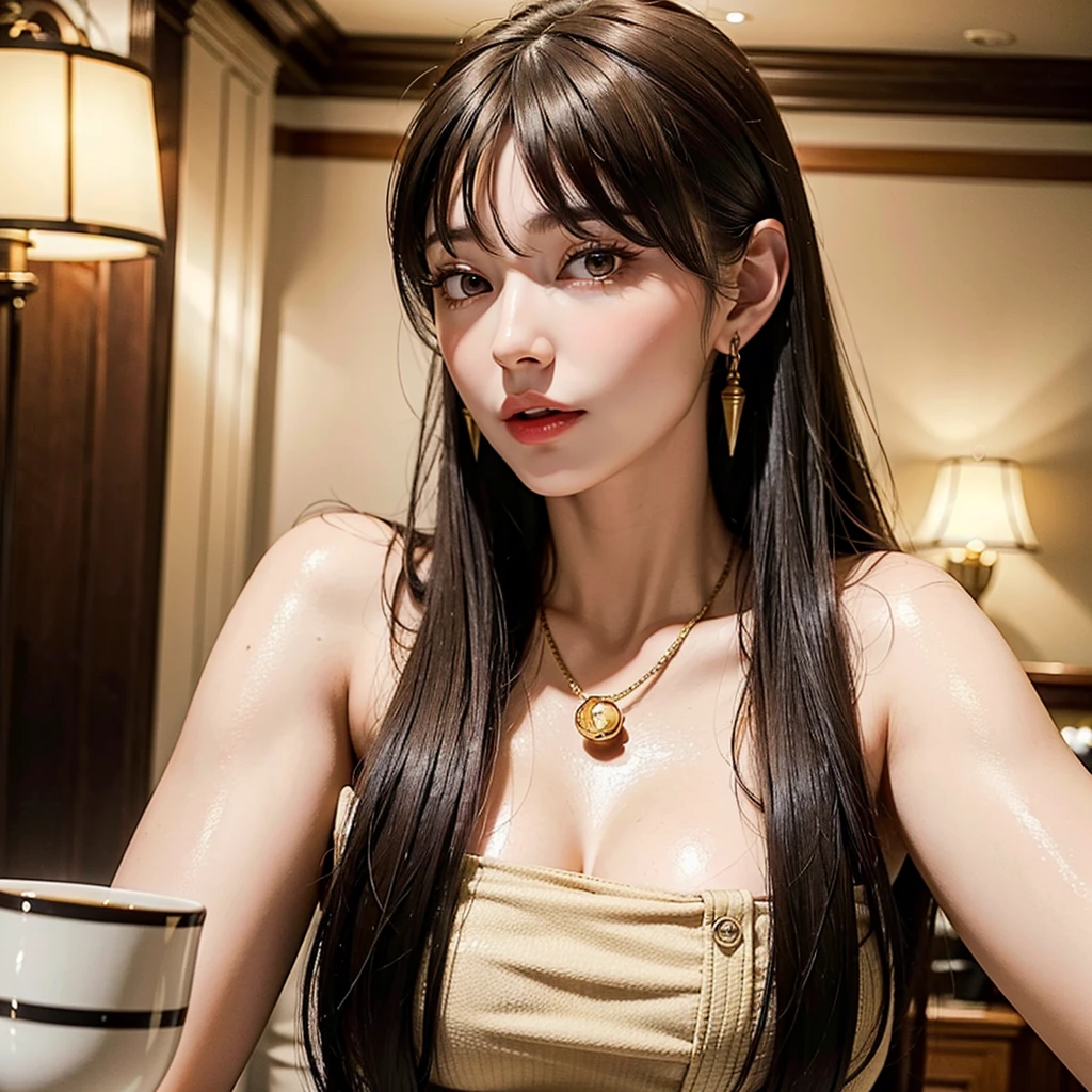 a beautiful young russian woman, 8k, detailed face, high quality, photorealistic, stunning eyes, long eyelashes, attractive facial features, flawless skin, light brown hair, tight waist, stylish clothes, necklace, active posing, rough long hairstyle, vivid colors, masterpiece, best quality, enjoying tea time in a chic cafe、1 person、1 personで