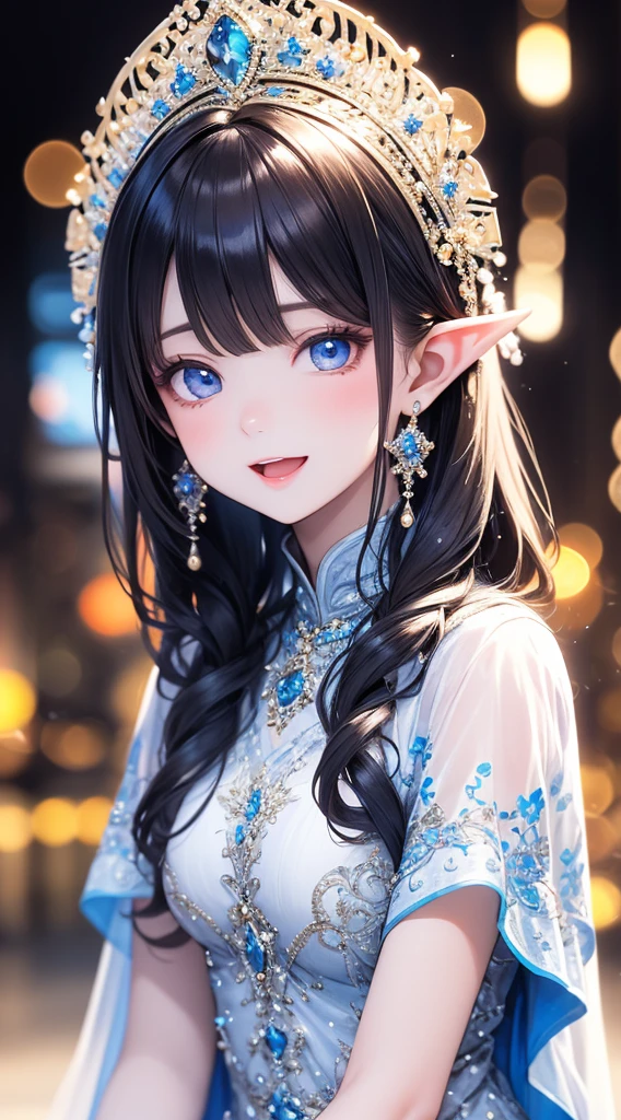 (master piece),(4k),high quality,(small breasts),1girl,elf,long blue hair,pale skin,smile,beautiful detailed blue eyes,open mouth, (Highly detailed elegant),(blue and white capelet fashion), Magical colors and atmosphere, Detailed skin,The background is soft and blurry,Add a dramatic and symbolic element to your scene, Depth of written boundary, Bokeh, Silky to the touch, Hyper Detail,sitting,create an ethereal atmosphere like a dream,in lakeside