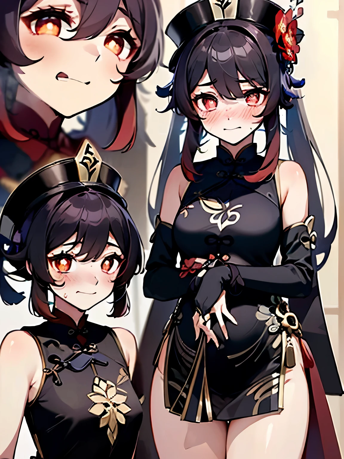 NSFW,hutao\(genshin\),(China dress:1.5),Sleeveless,Cleavage,belly button,(Perfect hands),(Perfect Anatomy),(masterpiece),(highest quality),(Embarrassed:1.5),blush,Feeling embarrassed,Lift your butt