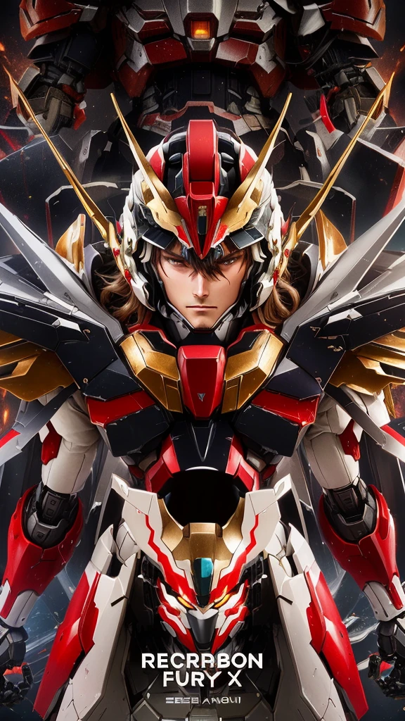 a close up of a poster of a robot with a red and white suit, unreal engine render saint seiya, gurren lagan, ultra mega detailed, gundam, gundam armor, gundam wing style armor, gurenn lagann, yu - no, saint seiya, gunpla, ryuko matoi, cyber japan samurai armor, on a gundam