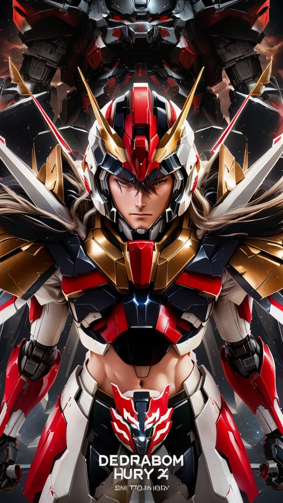 a close up of a poster of a robot with a red and white suit, unreal engine render saint seiya, gurren lagan, ultra mega detailed, gundam, gundam armor, gundam wing style armor, gurenn lagann, yu - no, saint seiya, gunpla, ryuko matoi, cyber japan samurai armor, on a gundam