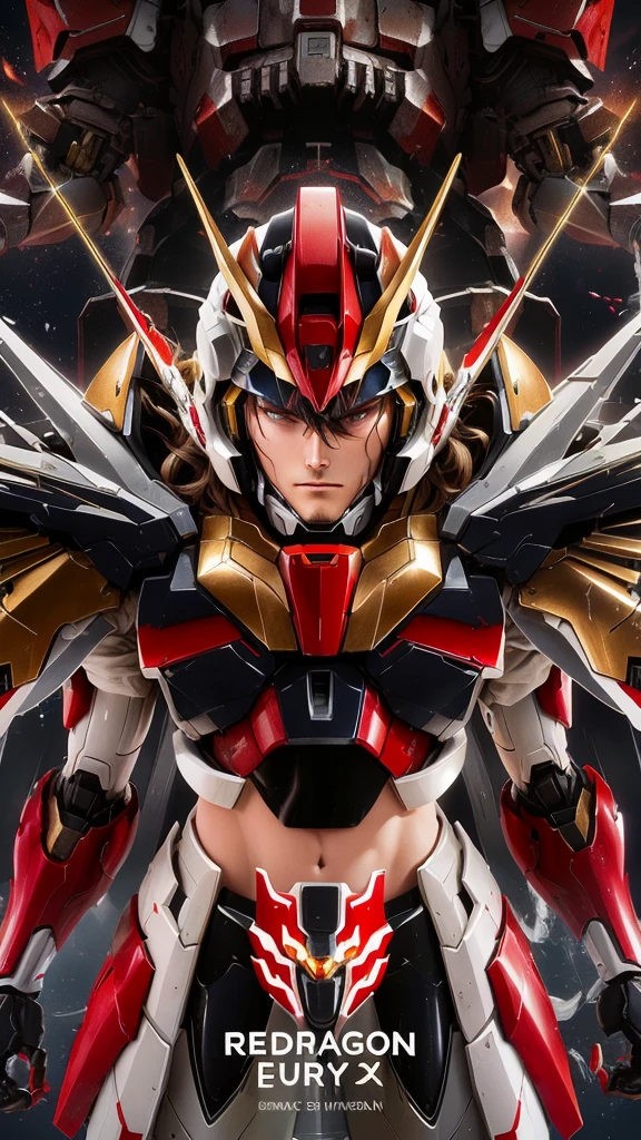 a close up of a poster of a robot with a red and white suit, unreal engine render saint seiya, gurren lagan, ultra mega detailed, gundam, gundam armor, gundam wing style armor, gurenn lagann, yu - no, saint seiya, gunpla, ryuko matoi, cyber japan samurai armor, on a gundam