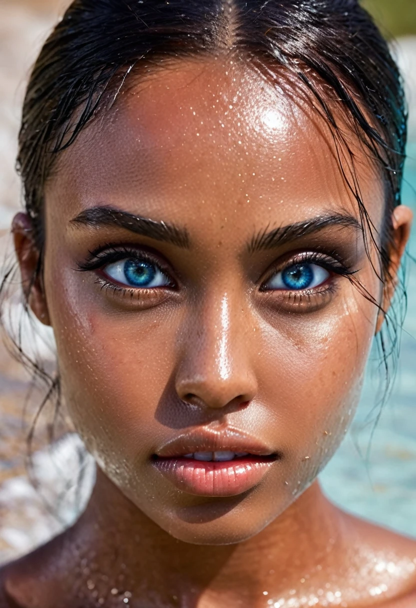 (muste piece, highest quality)((8k)),full body,super detailed,arab girl,very wide eyebrow ,blue eyes ,photorealistic,dark bronze shiny skin,beautiful female mode,dark skin, Black woman, ,black skin ,wet skin , blue eyes,sweaty skin,horny,at night ,shiny beach at night ,wet skin , (shiny skin), she is wet and intimate, she has a submissive expression, full body , hyperrealistic, unreal engine 5,Suggested pose, 8K