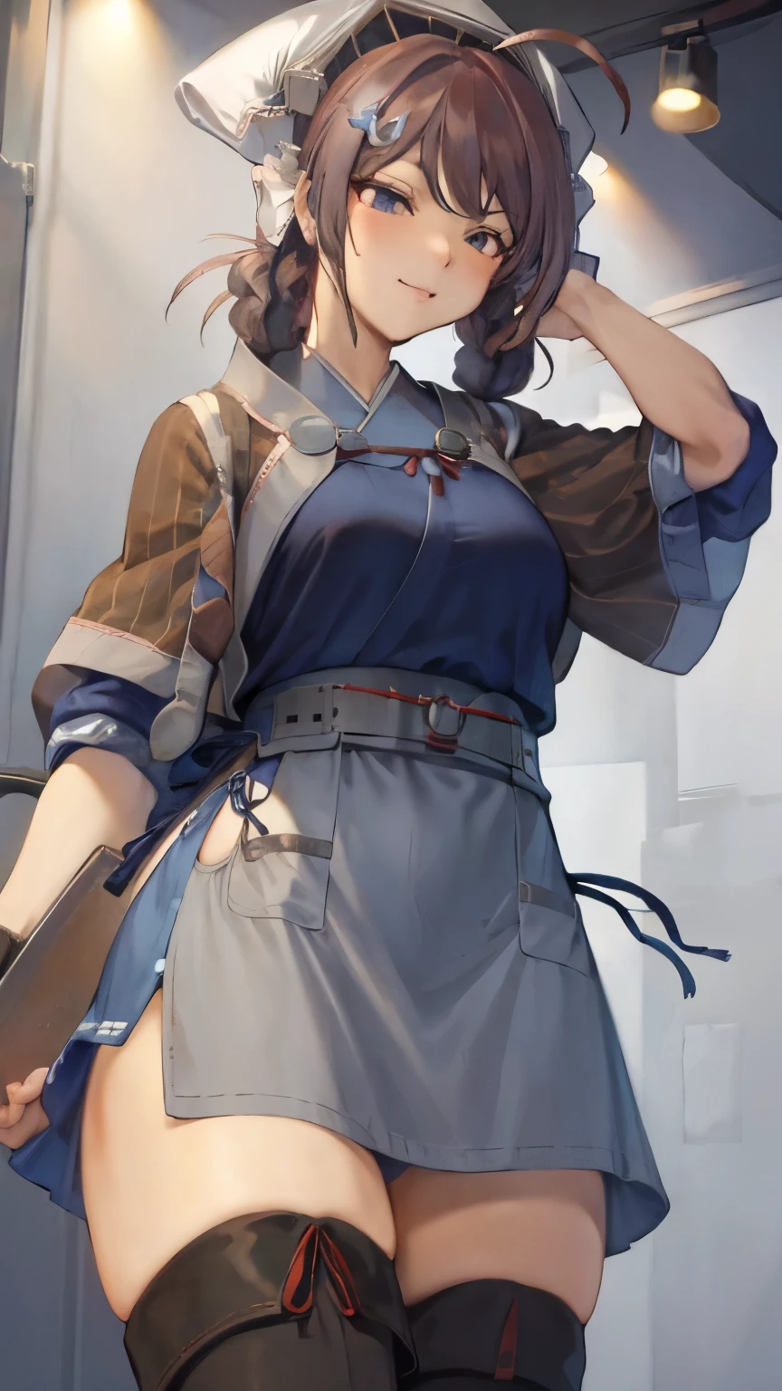(masterpiece :1.3, highest quality, Intricate details,4K, 8k, 32k, Ultra HD、so beautiful,realistic:1.2)、alone、, Show Viewer,mashuu,mashuustyle,Detailed Background、A person who writes in detail、Accurate human body、Knowledgeable person、The correct five、Mature Woman,Big Breasts, Thick thighs,cruvy body,chougei,ahoge,twin braids,hair rings,hair ornament,bandana,headgear,,blue serafuku,shawl,waist apron,blue skirt,thighhighs,((pussy juice))