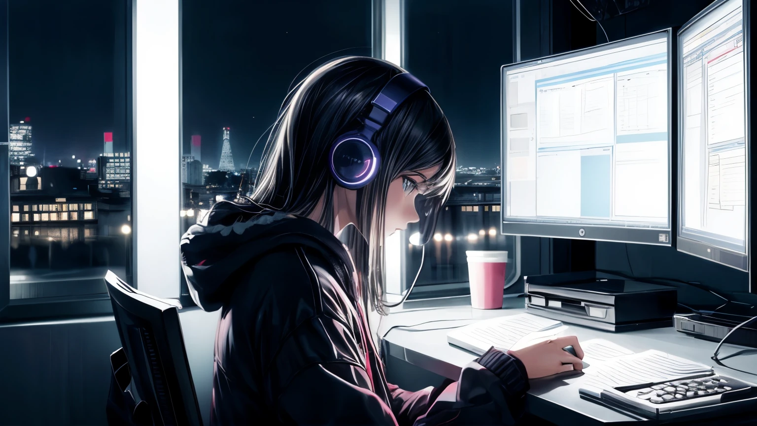 Night view,cyber-,Girl,Study,study,headphone,melancholy,Not looking at the camera
