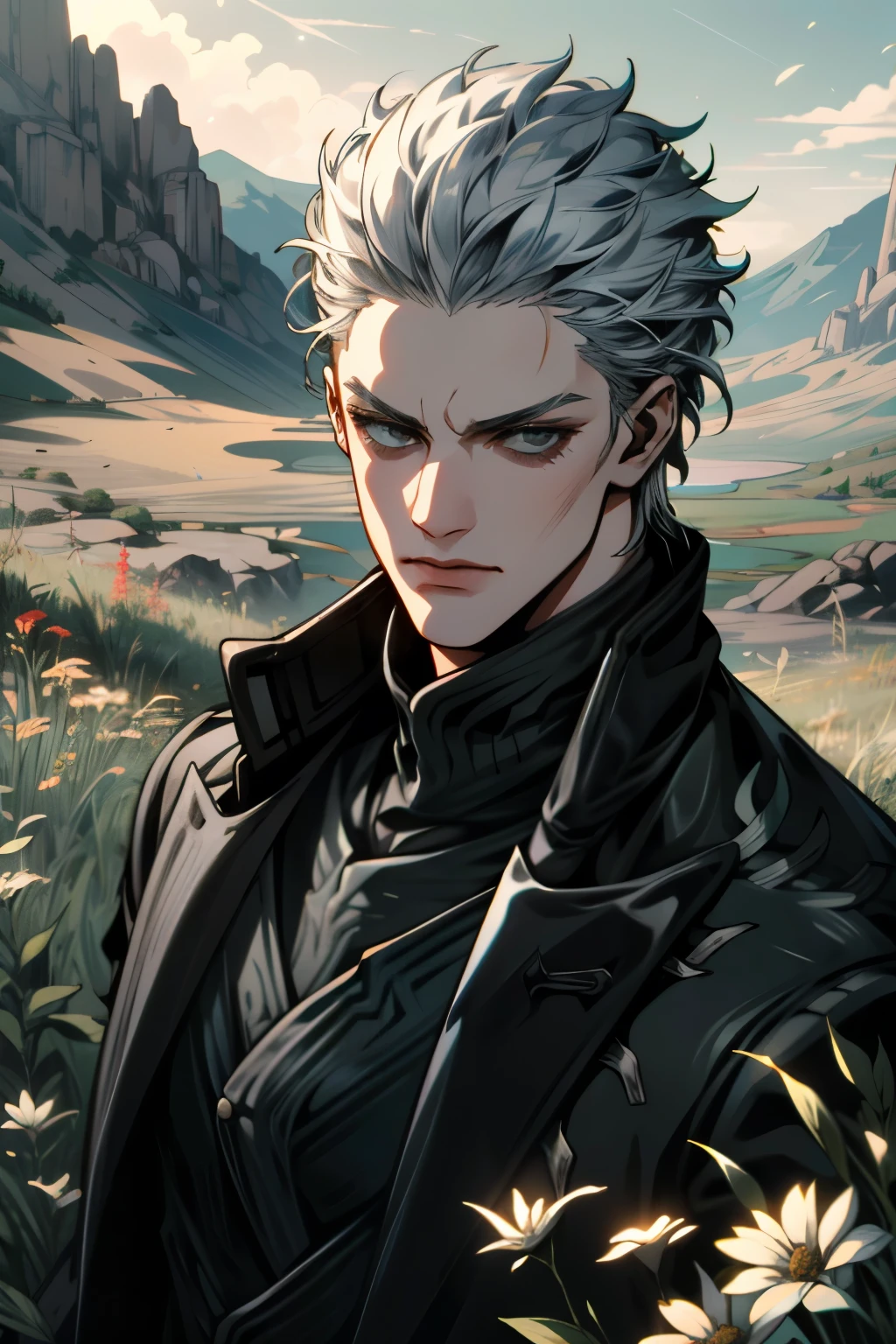 ((Super detailed, masterpiece, Absurd))
 DMC5 Vergil, One boy, alone, short hair, Gray Hair, Meadow with wildflowers, Dynamic Lighting, Bokeh, Colorful flowers