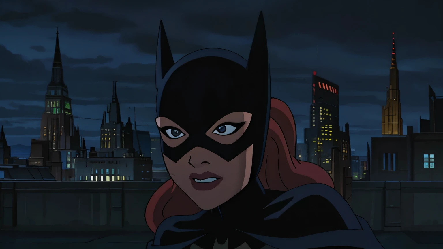 Batgirl + expression of happiness + on the edge of a huge building + third person image + zoom out + dark sky + city all lit up + high quality image + 4K