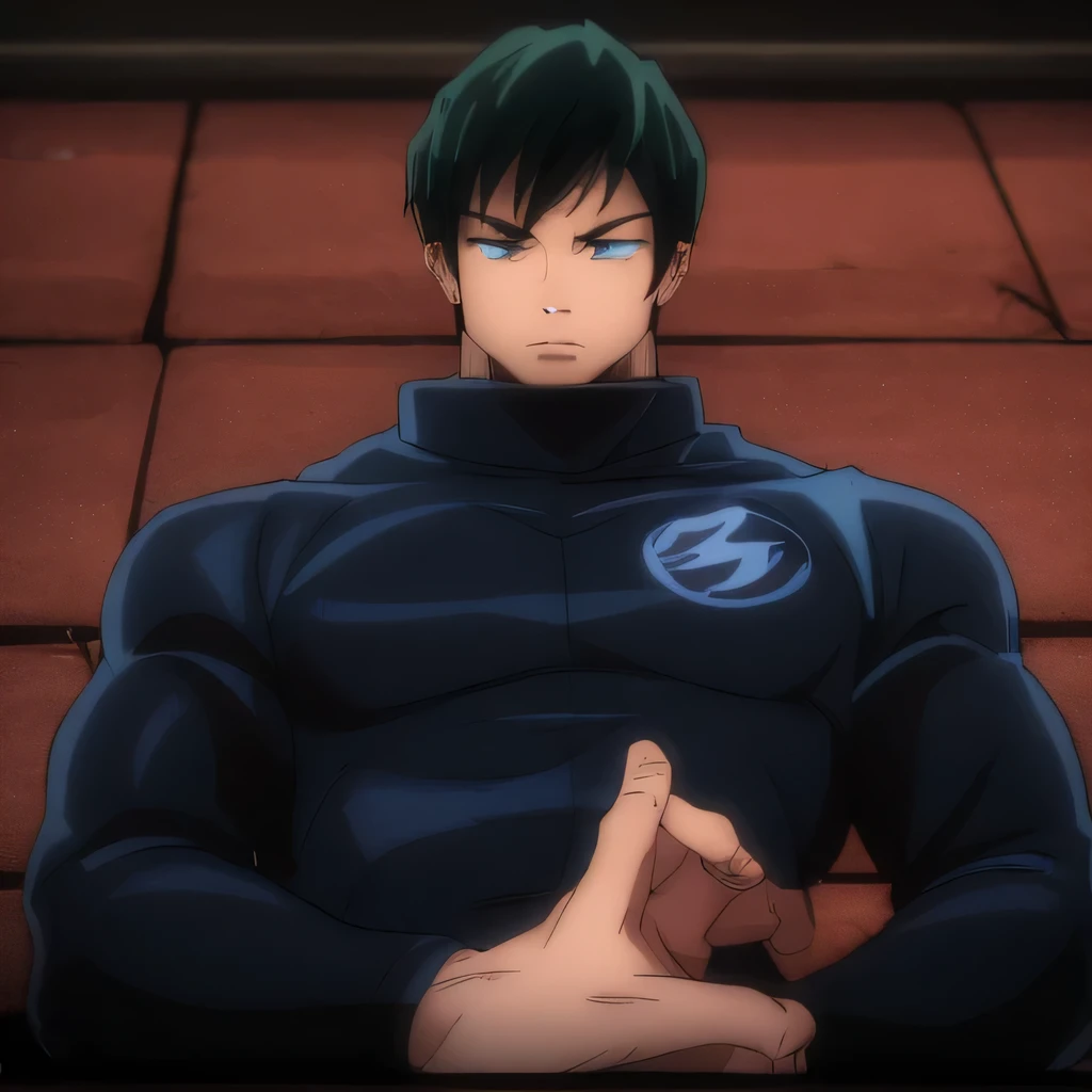 Generate anime-style art with a high-angle shot of a muscular male character with his body facing the camera, THE CHARACTER IS STANDING ON TOP OF A TALL BUILDING, The protagonist must have an extremely muscular body, very tall, similar to that of a bodybuilder. The character must have very short hair with dark brown bangs and must be wearing a red long sleeve T-shirt with black pants and a belt and must be wearing a white sneaker. The image should depict the character's entire body, focusing on his intimidating posture. The protagonist must exude strength and dominance, displaying a powerful presence. The scene should feature only the muscular character, THE CHARACTER SHOULD BE ON TOP OF A BUILDING SHOWING A LARGE CITY BELOW HIM