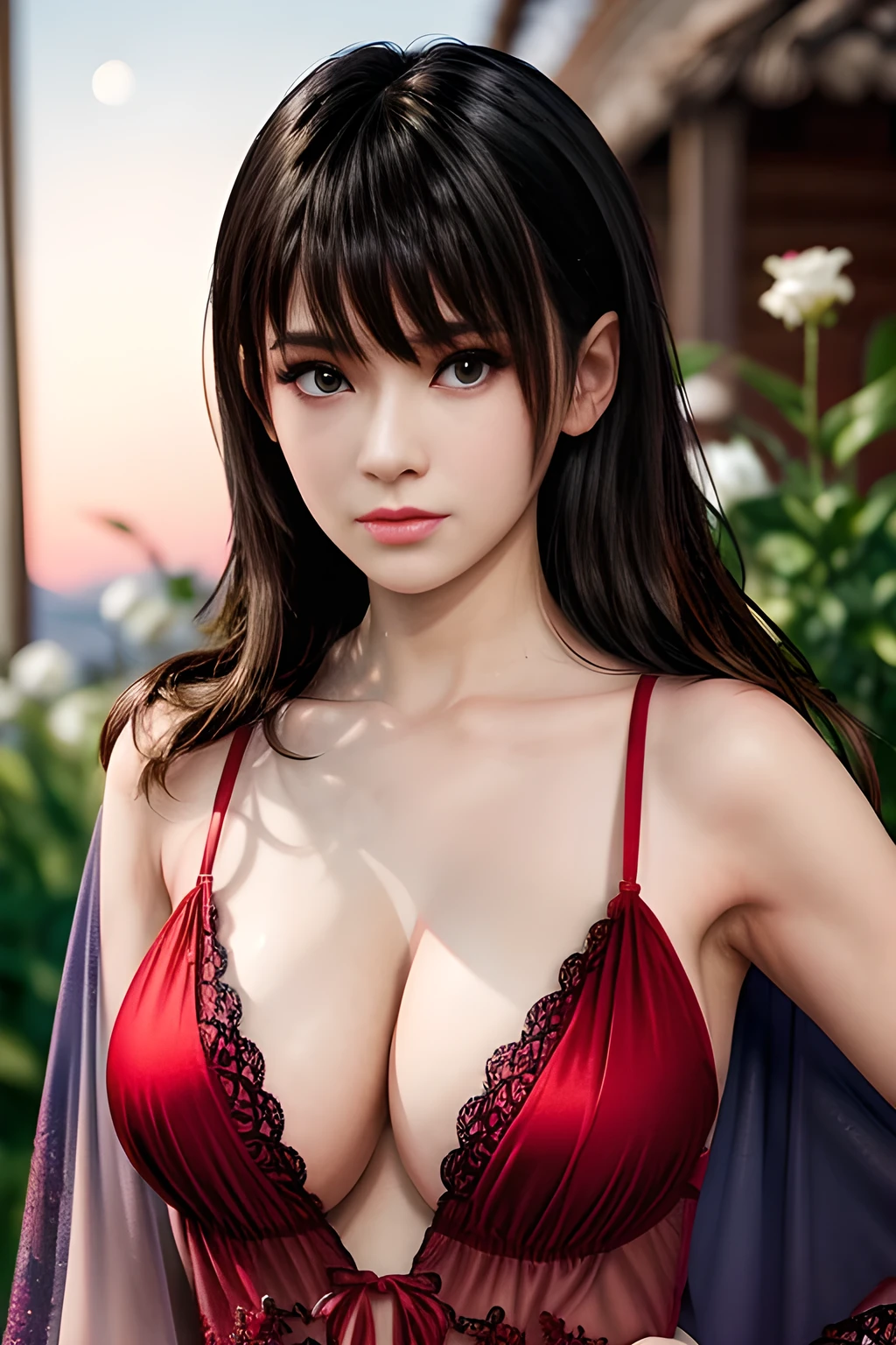 1girl,(RED theme: 1.2), (Sheer fabric pajamas: 1.2),(Velvet fabric robe: 1.2), (Ice flower Robe: 1.5), ,garden,moon,huge breasts,lactating,(lip gloss),(masterpiece), best quality, (real life portrait photography:1.5),unltra detailed,8K,Shot with a professional-grade camera like the Nikon D850,every intricate detail is captured, from the subtlest expression to the glimmer of anticipation in her eyes,,nanami