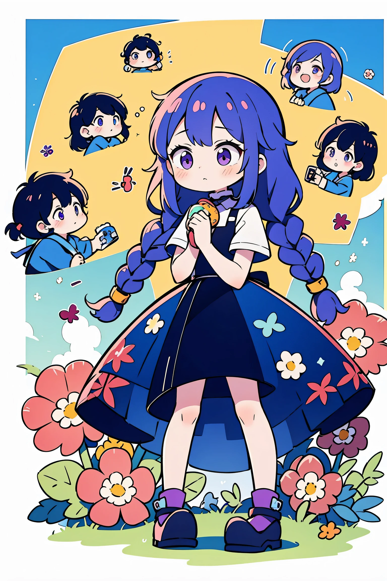 Best Quality,Official art,Wallpapers,90s Cartoons,Slight retro color,riso print style,Illustration,Cute,1 girl,yinji, purple hair, purple eyes, long hair, white hair, double braids, gradient hair,Flowers,Window,flower pots,hand drawn style,children's illustrations,flat illustrations,