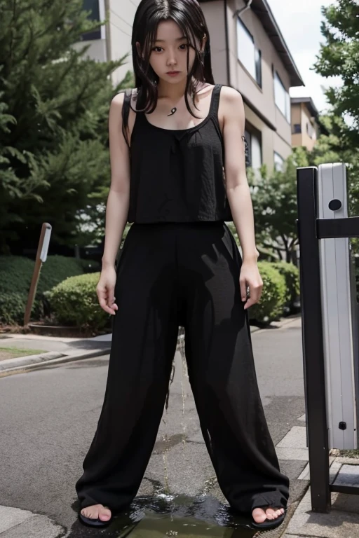 Japanese Girl sees the ghost and pees her black palazzo pants until her pants are wet in fright.