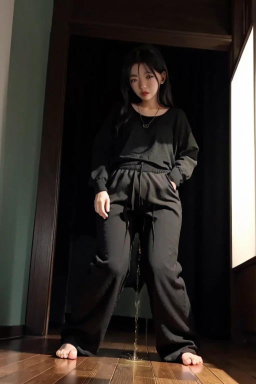 Japanese Girl sees the ghost and pees her black palazzo pants until her pants are wet in fright.