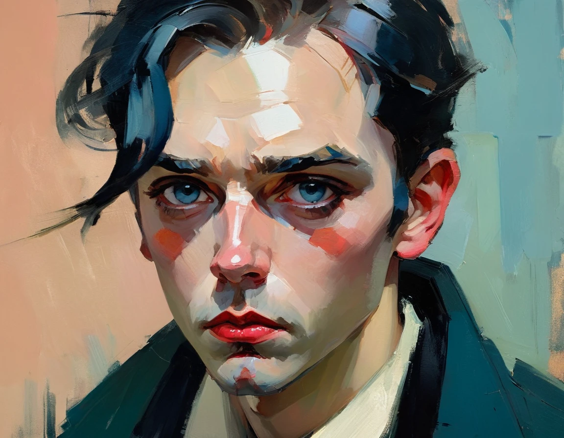 Create a contemporary portrait of a man with sharp features, using the expressive and painterly style of Malcolm Liepke. Employ rich, vibrant, and contrasting colors, focusing on red and blue hues. The background should be a neutral, pale beige or light peach color. The face should be at a slight angle, with fluid, dynamic brushstrokes to define the facial structure. Capture the intensity of the expression with a focus on the interplay between light and shadow, emphasizing the depth and texture characteristic of Liepke's work