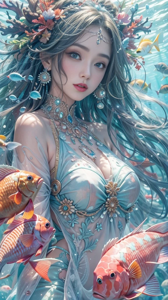 (RAW shooting, 32k:1.5, highest quality, masterpiece, Ultra-high resolution), (Deep sea at night:1.0, Dramatic moonlight:0.7, Mysterious underwater world:1.3, Expressions of sadness:1.0), Side Shot, Fractal Art:1.3, Perfect dynamic composition:1.3, Very detailedな肌と顔の質感:1.2, Dynamic flow of water waves:1.3, Beautiful shell and coral decoration, Surrounded by lots of colorful fish, Rich underwater vegetation, (The subject is being viewed from a distance:1.3, Slim mermaid figure:1.0, Shimmering Scales, Mermaid tail:0.5), elegant and sophisticated, Fair skin, Incredibly slim body:0.8, Very beautiful face, Water droplets on the skin, Very accurate, Very detailed, Gorgeous blue shiny mermaid dress portrait:0.8, Big eyes that exude beauty, Beautiful big lips,, Unreal atmosphere, necklace, Earrings, bracelet