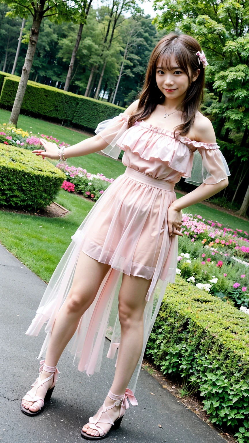 (8k、RAW Photos、highest quality、masterpiece:1.2)、(Realistic、Realistic)、1 girl、((emi-long hair、Pink and black、Frills、Off the shoulder、See-through、Sandals、Arm Covers、ribbon、smile、garden、View from the front、smile、Standing with hands on hips))、