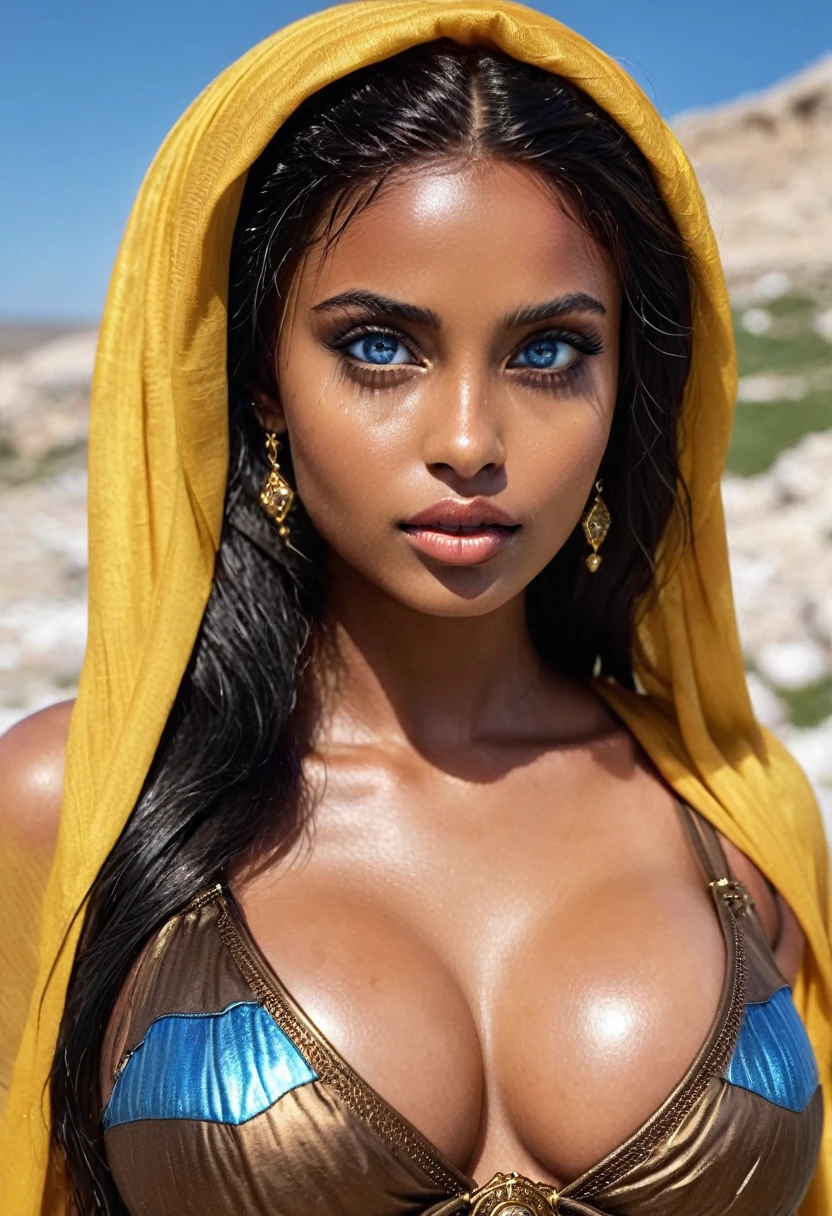 (muste piece, highest quality)((8k)),full body,super detailed,arab girl ,blue eyes ,photorealistic,dark bronze shiny skin,beautiful female mode,Black woman in yellow clothes from biblical times, blue eyes, in pamukkale,horny, (shiny skin), she is wet and intimate, she has a submissive expression, direct eye contact, hyperrealistic, unreal engine 5,Suggested pose, 8K