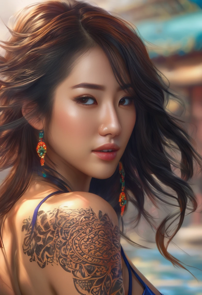 a ???? asian woman, 1girl, ??????, athletic, big ????, long hair, intricate hairstyle, henna calligraphy tattoo on back, holding hair up, (best quality,4k,8k,highres,masterpiece:1.2),ultra-detailed,(realistic,photorealistic,photo-realistic:1.37),HDR,UHD,studio lighting,ultra-fine painting,sharp focus,physically-based rendering,extreme detail description,professional,vivid colors,bokeh,portrait, her back is to the viewer, show all of her, show her head to toe
