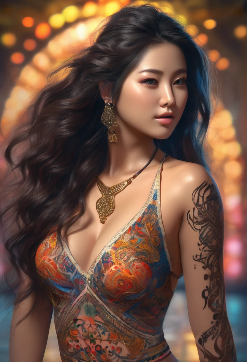 a sexy asian woman, 1girl, bikini, athletic, big butt, long hair, intricate hairstyle, henna calligraphy tattoo on back, holding hair up, (best quality,4k,8k,highres,masterpiece:1.2),ultra-detailed,(realistic,photorealistic,photo-realistic:1.37),HDR,UHD,studio lighting,ultra-fine painting,sharp focus,physically-based rendering,extreme detail description,professional,vivid colors,bokeh,portrait, her back is to the viewer, show all of her, show her head to toe